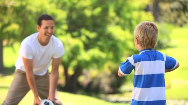 Young boy and his father playing with a ball — Stock Video