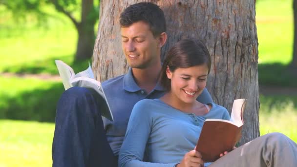 Jovem casal lendo ao ar livre — Vídeo de Stock