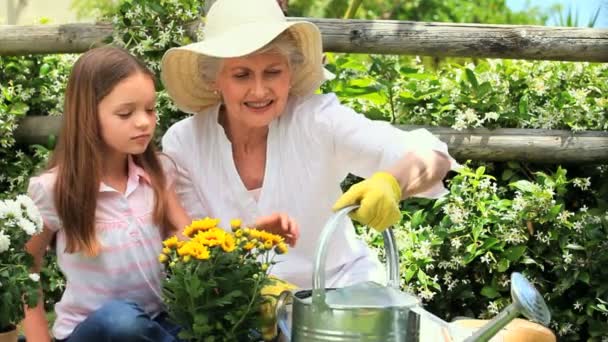 Jardinería de mujeres y nietas — Vídeos de Stock