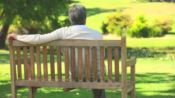 Mature man sitting thinking on a bench — Stock Video