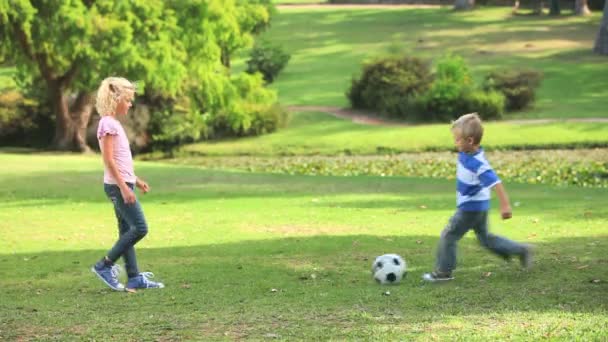 Genç oğlan ve kız kardeşi ile birlikte top oynarken — Stok video