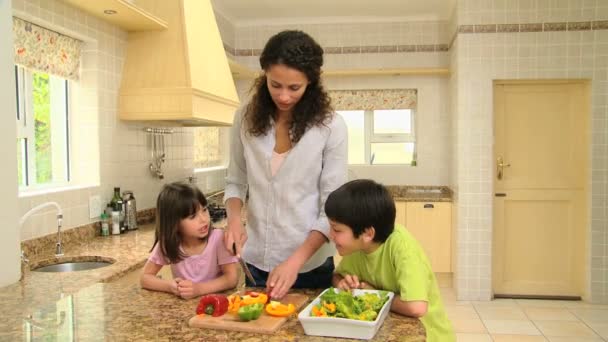 Madre enseñando a sus hijos a cocinar — Vídeos de Stock