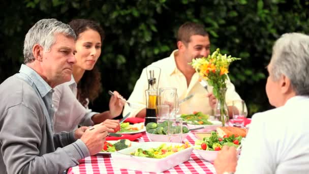 Familj med mor-och farföräldrar att ha en måltid i trädgården — Stockvideo