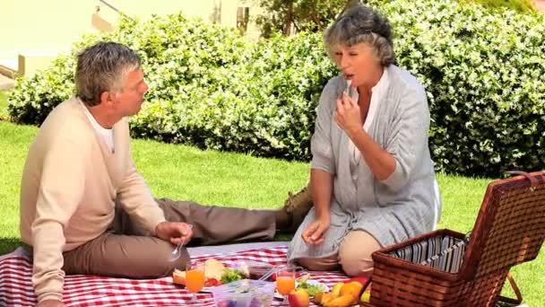 Pareja madura haciendo un picnic en el césped — Vídeo de stock