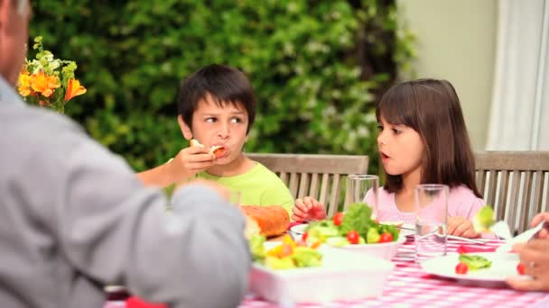 Família comendo no jardim — Vídeo de Stock