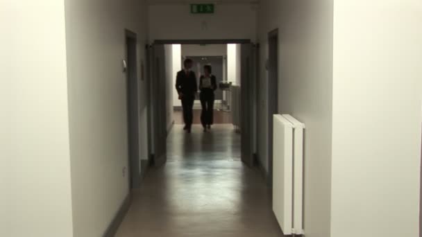 Деловые люди, идущие по коридору — стоковое видео
