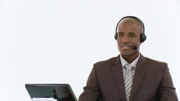 African-american Person working with a headset — Stock Video