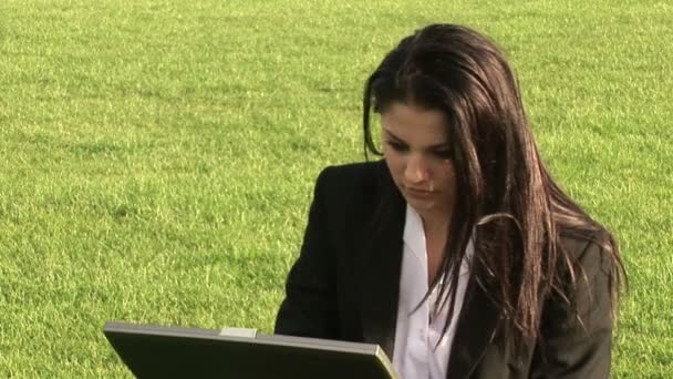 Mulher de negócios trabalhando ao ar livre no laptop — Vídeo de Stock