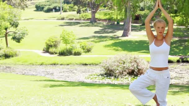 Eine Frau beim einfüßigen Yoga, während die Kamera immer näher heranzoomt — Stockvideo