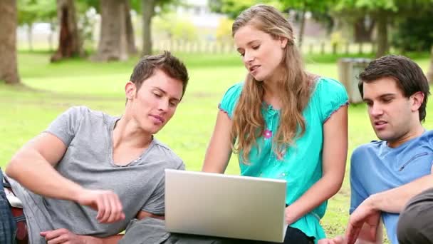 Três amigos conversando enquanto olham para um laptop enquanto se sentam em um parque — Vídeo de Stock