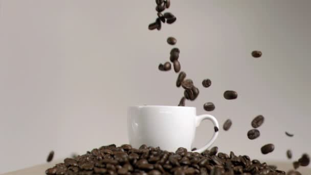 Кофе в зернах падает в чашку в супер замедленной съемке — стоковое видео
