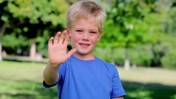 Niño saludando hacia la cámara mientras sonríe — Vídeo de stock