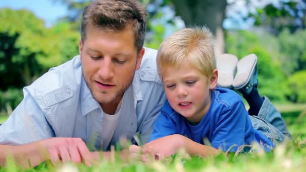 Vader en zoon op zoek naar iets in het gras als ze samen liggen — Stockvideo