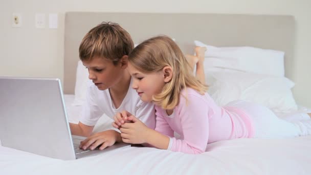 Cute siblings using a laptop — Stock Video