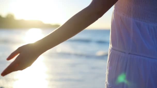 Hombre tomando la mano de su novia antes de que caminen hacia el atardecer en la playa — Vídeo de stock