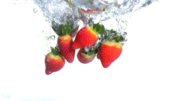 Strawberries dropped into water in super slow motion — Wideo stockowe