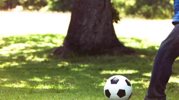 Criança em câmera lenta chutando uma bola de futebol — Vídeo de Stock