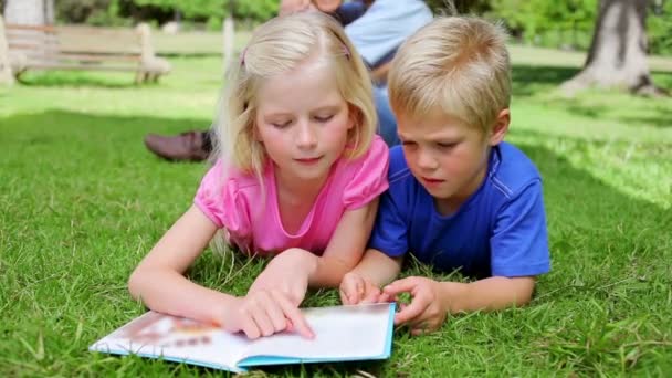 Chica señalando como ella lee un libro mientras está acostada junto a un niño que la está escuchando en un parque — Vídeo de stock