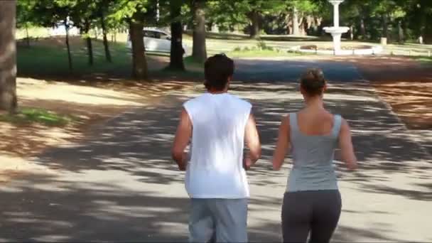 Dos corredores trotan juntos por el camino mientras la cámara se acerca detrás de ellos — Vídeo de stock