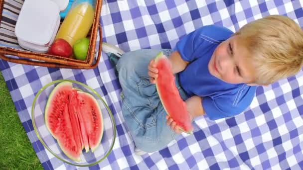 Kopfschuss eines Jungen, der auf einer Picknickdecke sitzt, während er eine Scheibe Wassermelone isst und lächelt — Stockvideo