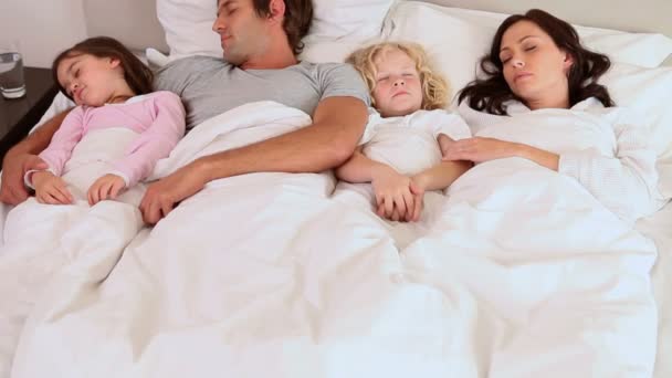 Familie slapen in een bed — Stockvideo