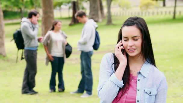 Woman smiling while talking on a phone as her friends have a discussion in the background — Stock Video