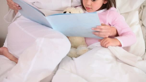 Smiling mother reading a book aloud — Stock Video