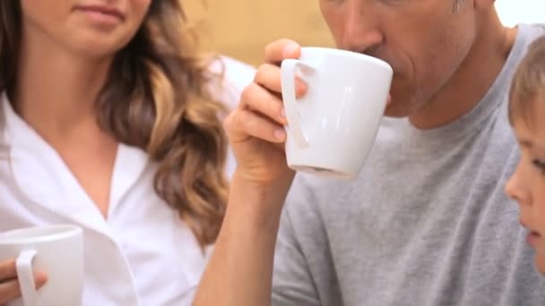 Familia alegre comiendo su desayuno — Vídeo de stock