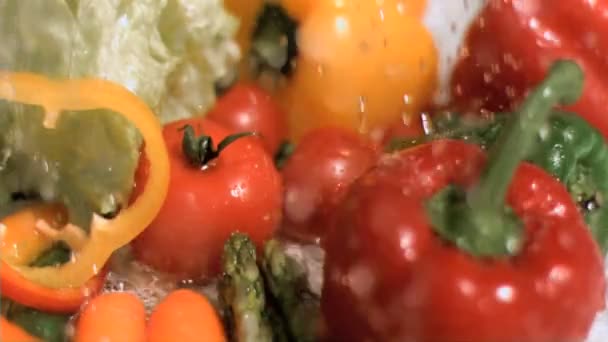 Llueve agua sobre verduras en cámara súper lenta — Vídeo de stock