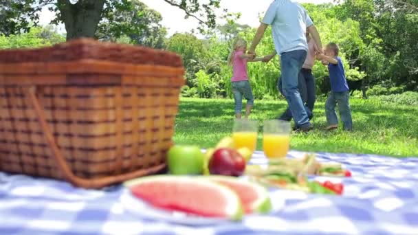 En familj är dans i en cirkel innan faller ner bakom en picknick — Stockvideo