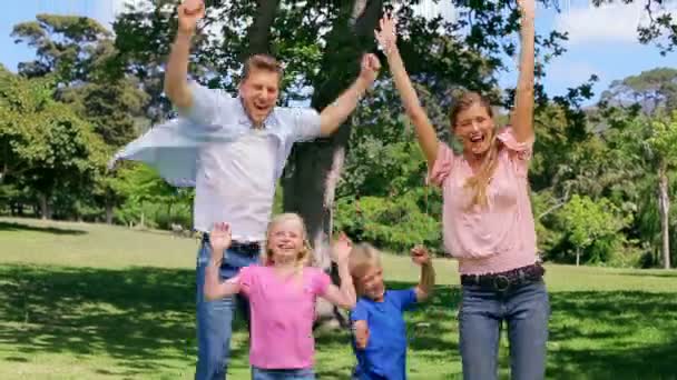 Familia saltando arriba y abajo con los brazos levantados — Vídeos de Stock