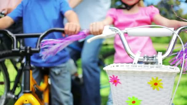 Велосипедные кисточки, дующие на ветру перед тем, как камера поднимется, чтобы показать семью, сидящую на велосипедах — стоковое видео