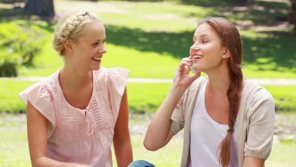 Två tjejer sitter i parken och skicka telefonen fram och tillbaka medan du talar i det — Stockvideo