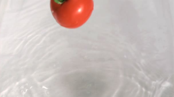 Tomaat vallen in water in super slow motion — Stockvideo