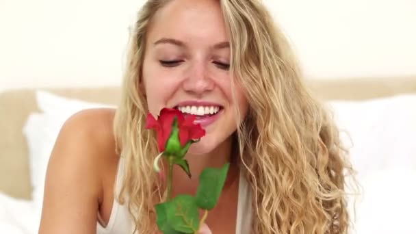 Blondhaarige Frau, die eine rote Rose riecht — Stockvideo