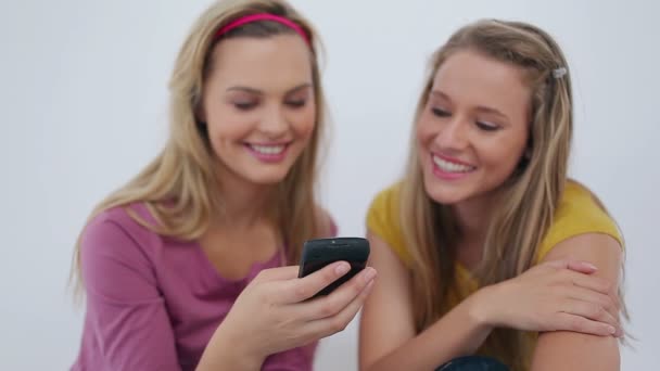 Female friends sending a text message together — Stock Video