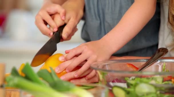 Chica cortando un pimiento con su madre — Vídeo de stock