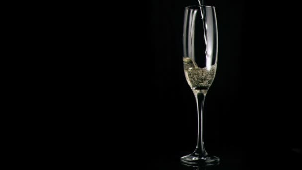 Witte wijn gegoten in super slow motion in een fluit glas — Stockvideo