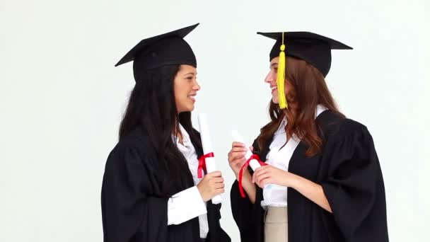 Feliz colegas graduados conversando uns com os outros — Vídeo de Stock