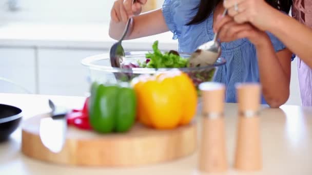 Fille mélangeant une salade avec sa mère — Video