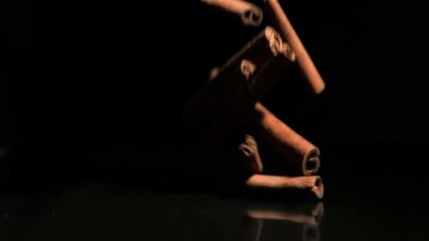 Bastoncini di cannella che cadono in super slow motion — Video Stock