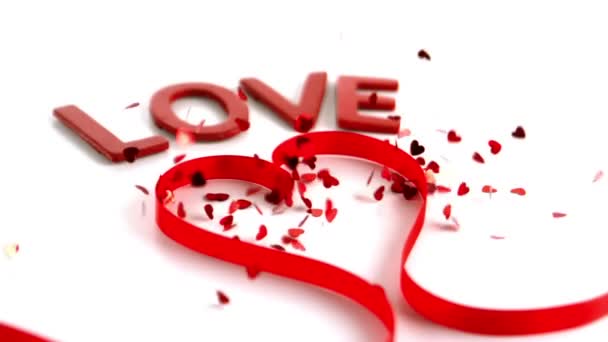 Älska text och rött hjärta band med konfetti — Stockvideo
