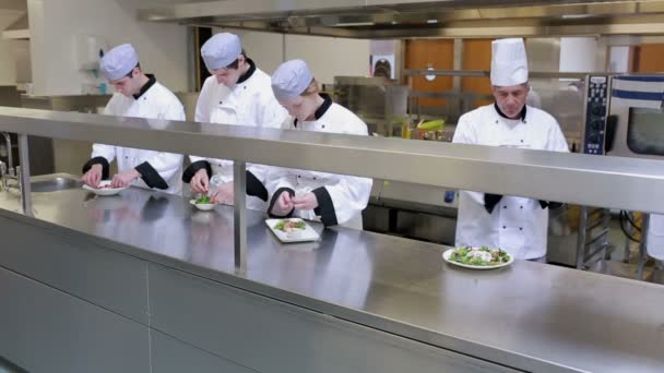 Cooks garnishing plates in a kitchen — Stock Video