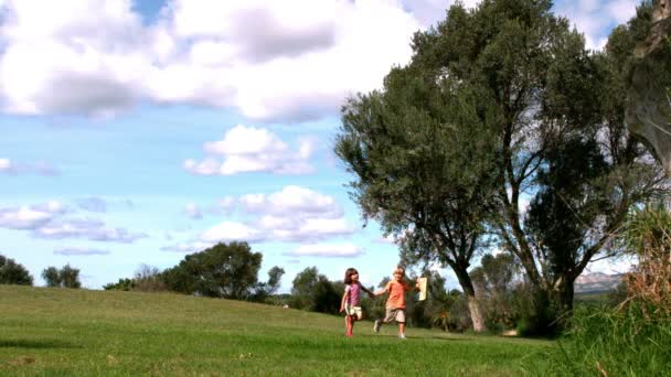 Niña y niño corriendo con cometa — Vídeos de Stock