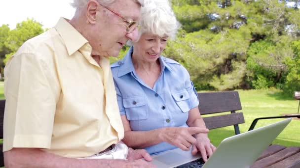 Äldre par i parken med laptop — Stockvideo