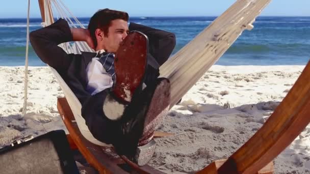 Buisnessman relaxing in hammock — Stock Video