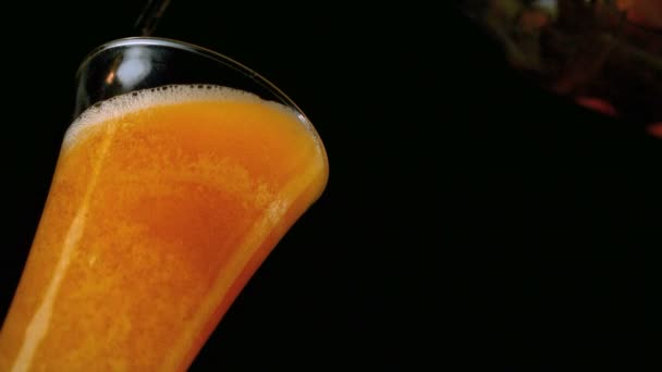 Cerveja derramando em vidro no fundo preto visão de baixo ângulo — Vídeo de Stock
