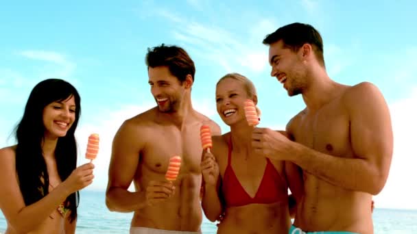 Друзья едят мороженое на пляже — стоковое видео