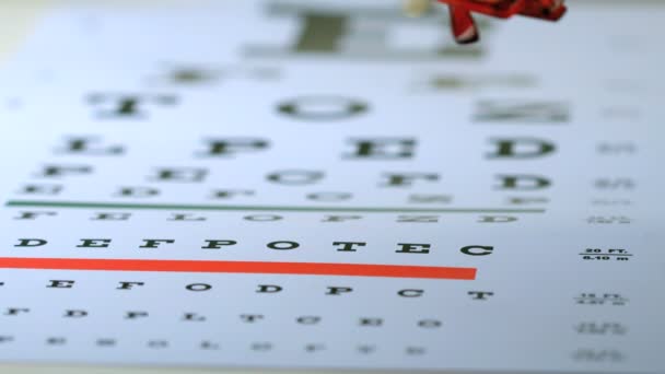 Lectura de gafas cayendo en la prueba ocular — Vídeos de Stock