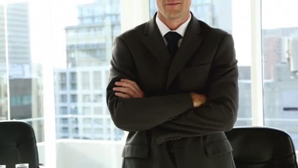 Smiling businessman standing by window — Stock Video